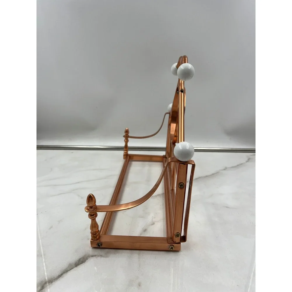 Vintage Copper Metal Wall Rack Towel Holder Scroll Design White Ceramic Finials